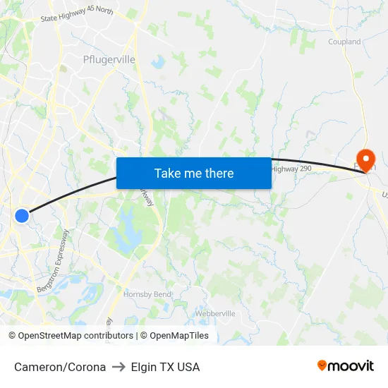 Cameron/Corona to Elgin TX USA map