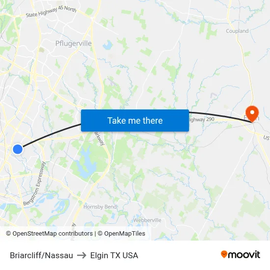 Briarcliff/Nassau to Elgin TX USA map