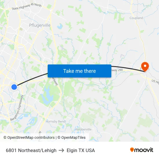 6801 Northeast/Lehigh to Elgin TX USA map