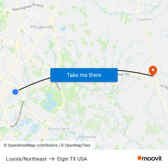 Loyola/Northeast to Elgin TX USA map