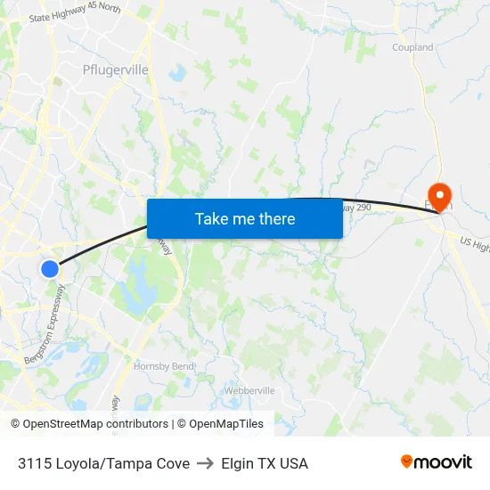 3115 Loyola/Tampa Cove to Elgin TX USA map