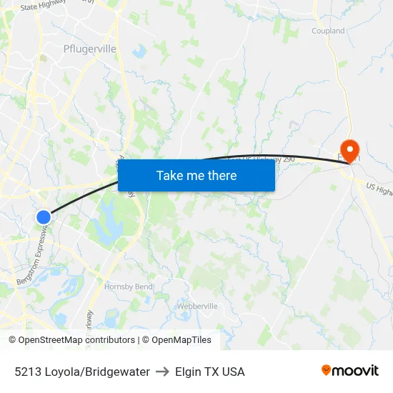 5213 Loyola/Bridgewater to Elgin TX USA map