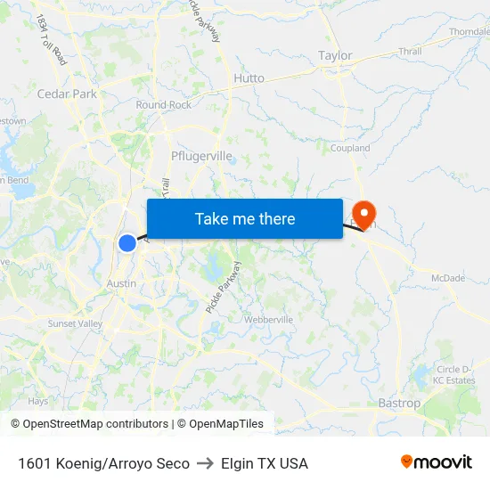 1601 Koenig/Arroyo Seco to Elgin TX USA map