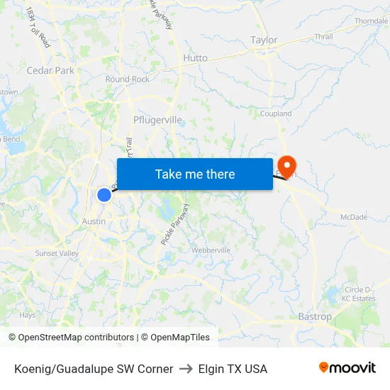 Koenig/Guadalupe SW Corner to Elgin TX USA map