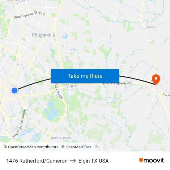 1476 Rutherford/Cameron to Elgin TX USA map