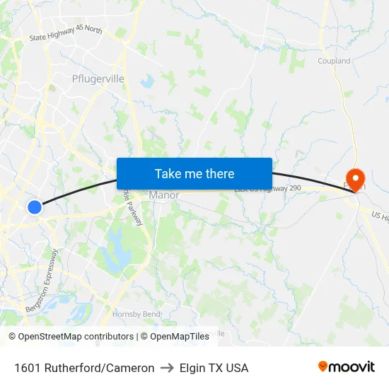 1601 Rutherford/Cameron to Elgin TX USA map