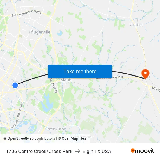 1706 Centre Creek/Cross Park to Elgin TX USA map