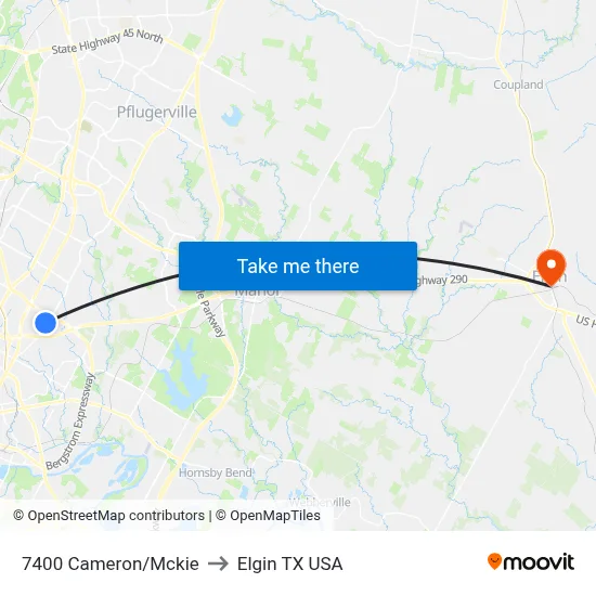 7400 Cameron/Mckie to Elgin TX USA map
