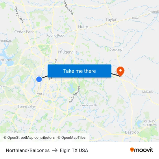 Northland/Balcones to Elgin TX USA map