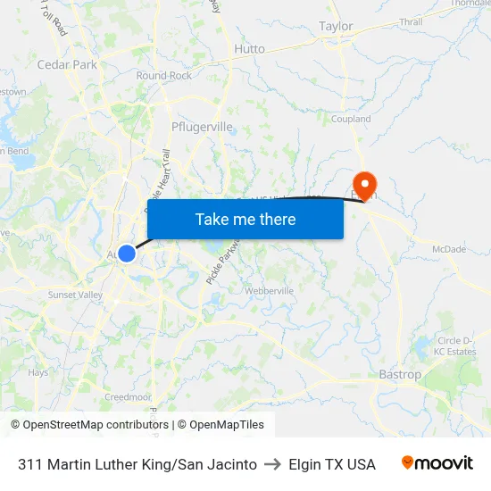 311 Martin Luther King/San Jacinto to Elgin TX USA map