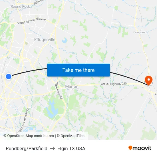Rundberg/Parkfield to Elgin TX USA map