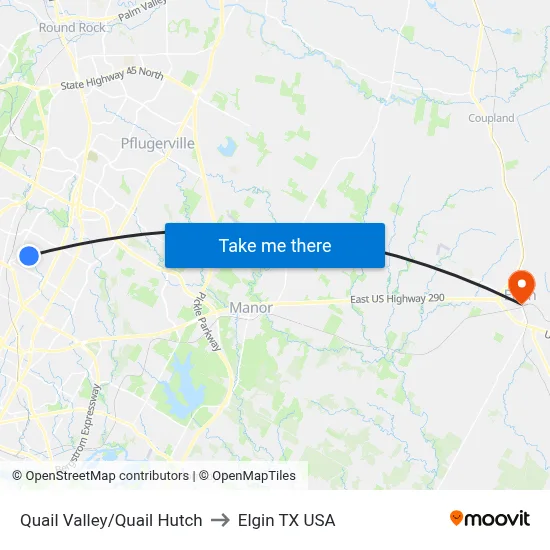 Quail Valley/Quail Hutch to Elgin TX USA map