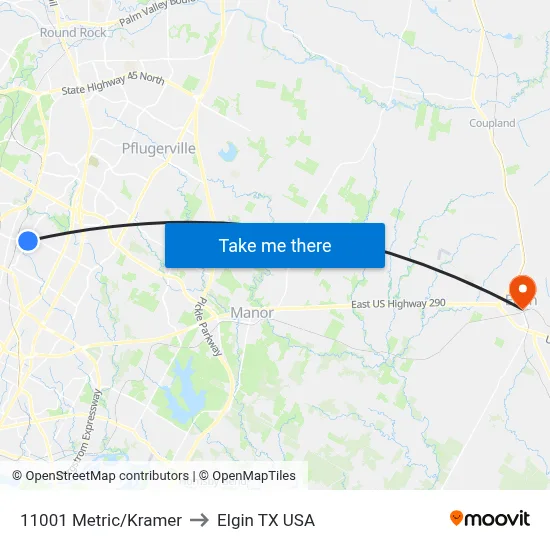 11001 Metric/Kramer to Elgin TX USA map