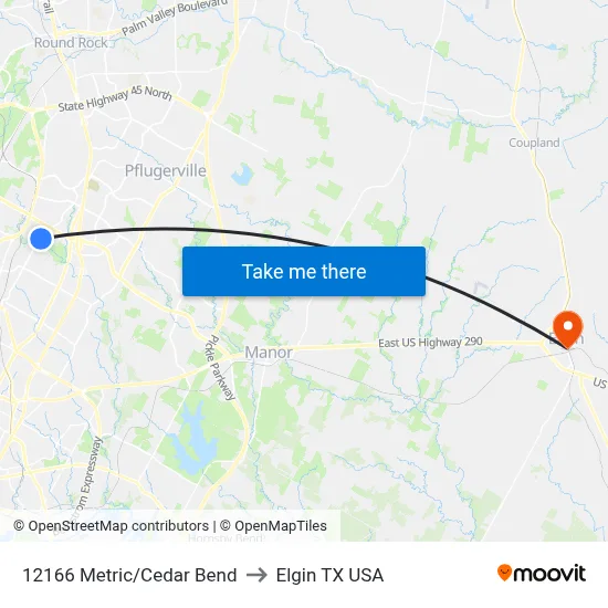 12166 Metric/Cedar Bend to Elgin TX USA map