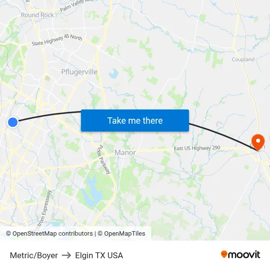 Metric/Boyer to Elgin TX USA map