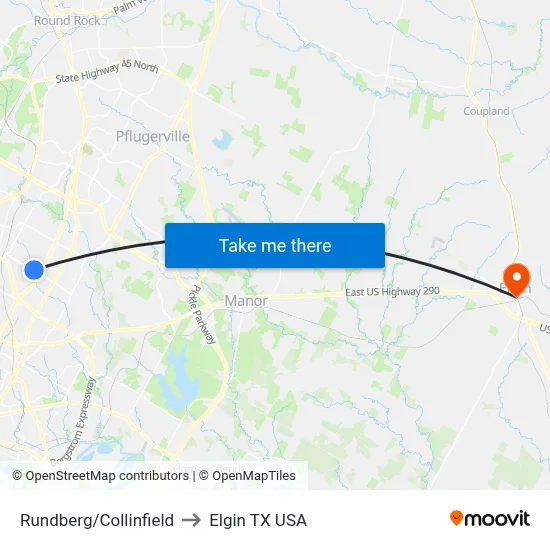 Rundberg/Collinfield to Elgin TX USA map