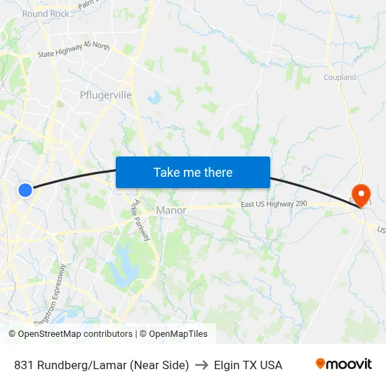 831 Rundberg/Lamar (Near Side) to Elgin TX USA map