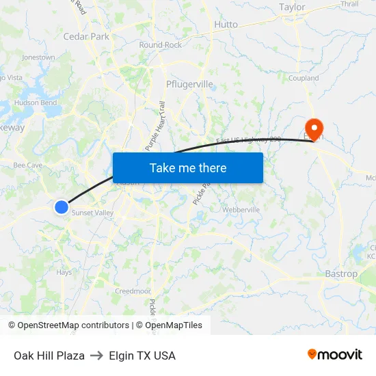 Oak Hill Plaza to Elgin TX USA map
