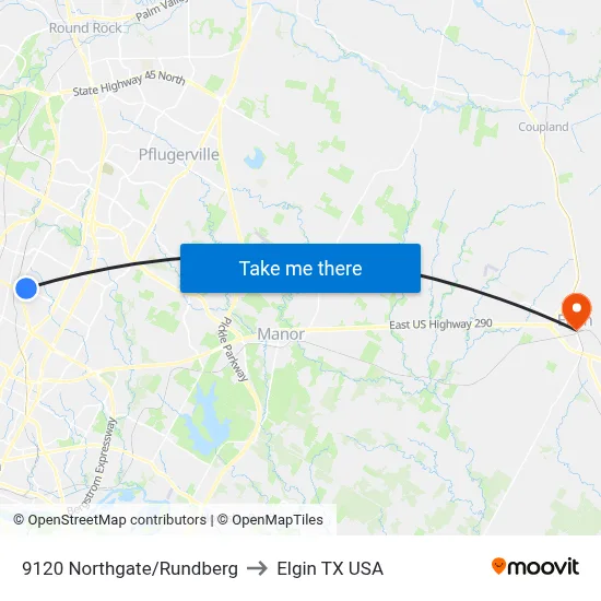 9120 Northgate/Rundberg to Elgin TX USA map