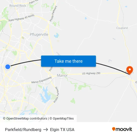 Parkfield/Rundberg to Elgin TX USA map