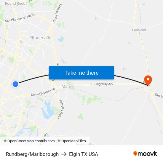 Rundberg/Marlborough to Elgin TX USA map