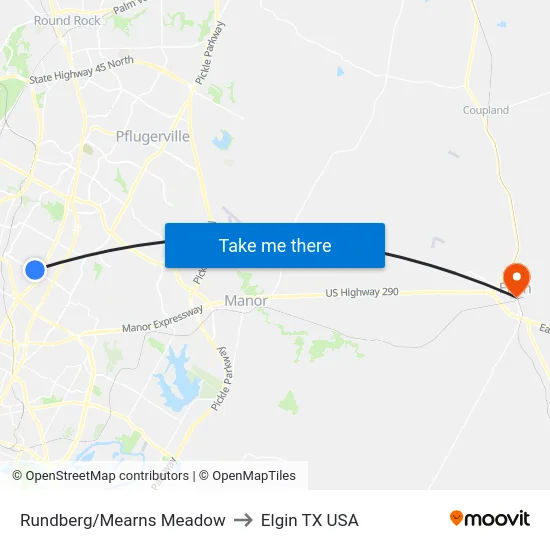 Rundberg/Mearns Meadow to Elgin TX USA map