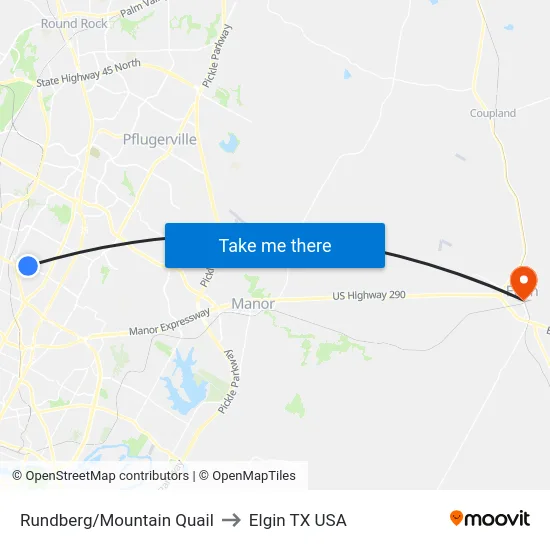 Rundberg/Mountain Quail to Elgin TX USA map
