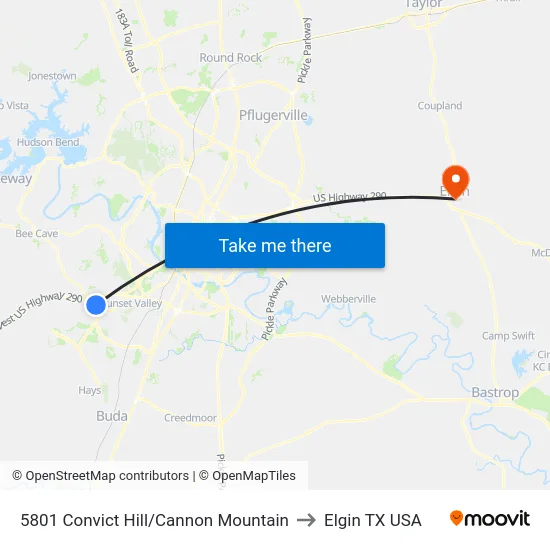 5801 Convict Hill/Cannon Mountain to Elgin TX USA map