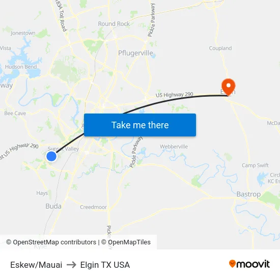 Eskew/Mauai to Elgin TX USA map