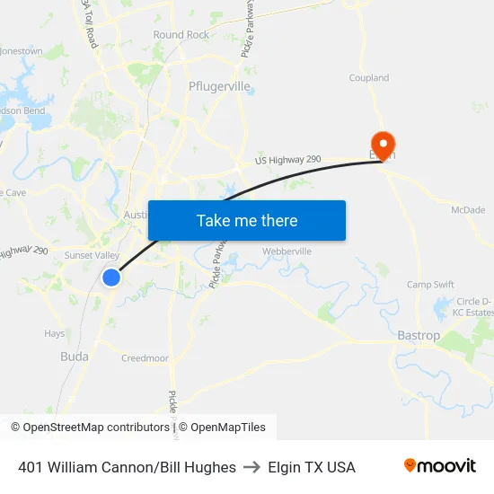 401 William Cannon/Bill Hughes to Elgin TX USA map