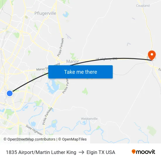 1835 Airport/Martin Luther King to Elgin TX USA map