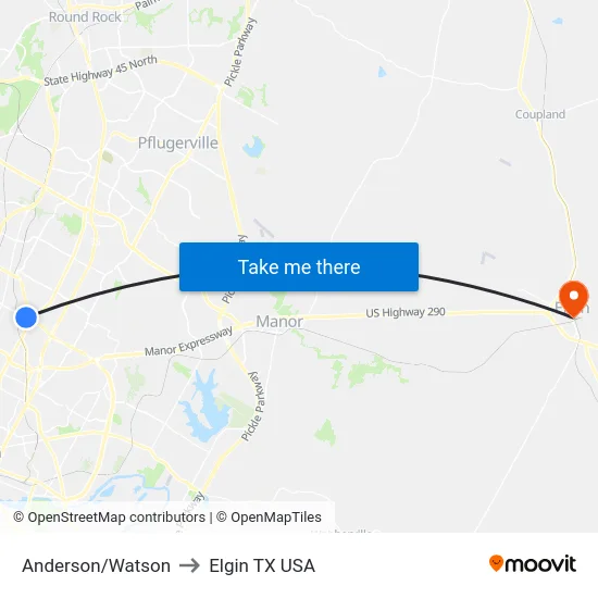 Anderson/Watson to Elgin TX USA map
