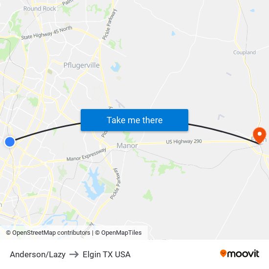 Anderson/Lazy to Elgin TX USA map