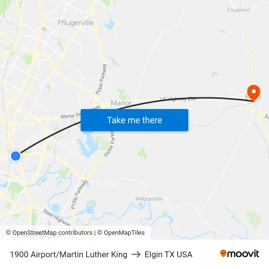 1900 Airport/Martin Luther King to Elgin TX USA map