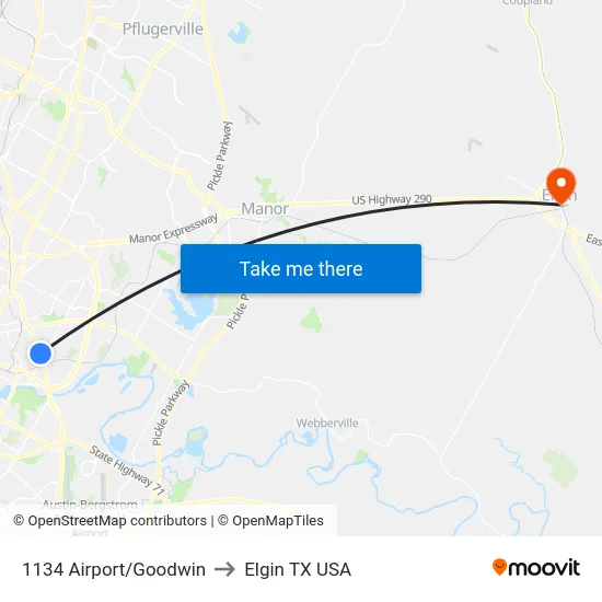 1134 Airport/Goodwin to Elgin TX USA map