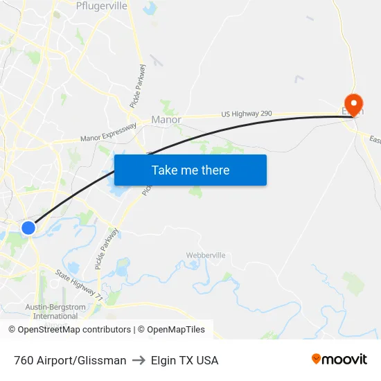 760 Airport/Glissman to Elgin TX USA map