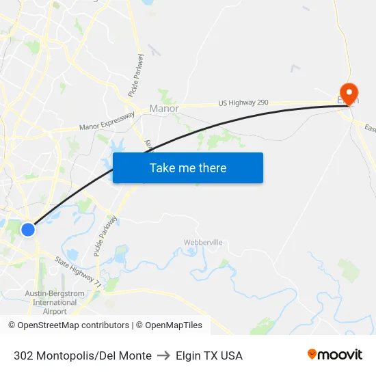 302 Montopolis/Del Monte to Elgin TX USA map