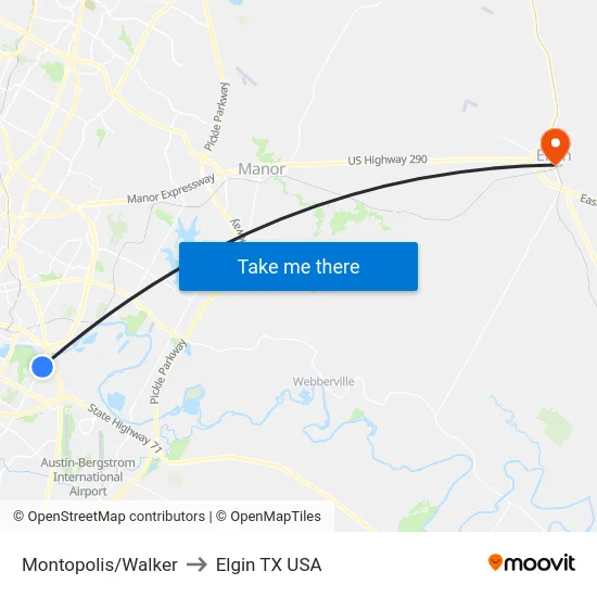 Montopolis/Walker to Elgin TX USA map