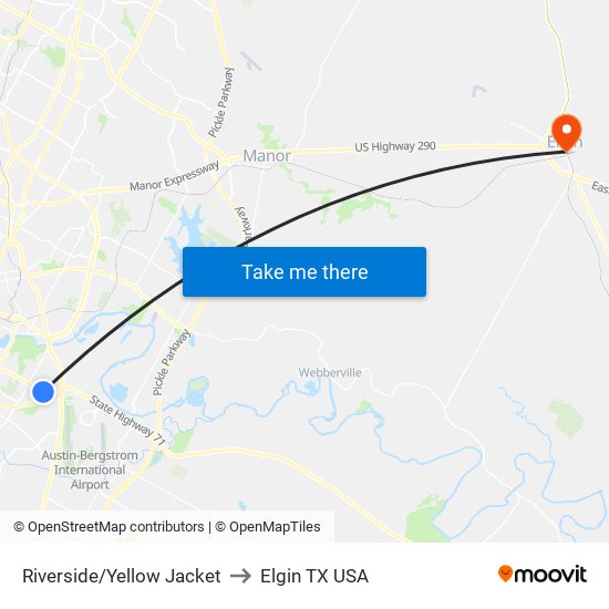 Riverside/Yellow Jacket to Elgin TX USA map