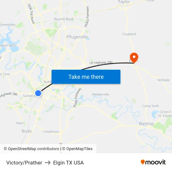 Victory/Prather to Elgin TX USA map