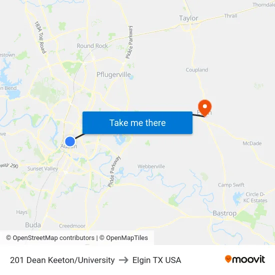 201 Dean Keeton/University to Elgin TX USA map
