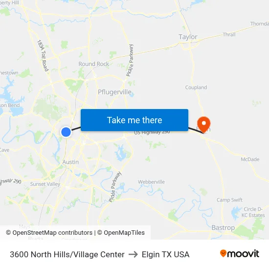 3600 North Hills/Village Center to Elgin TX USA map