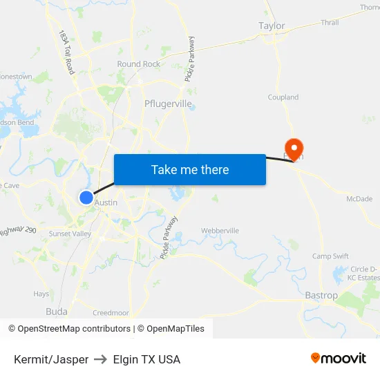 Kermit/Jasper to Elgin TX USA map