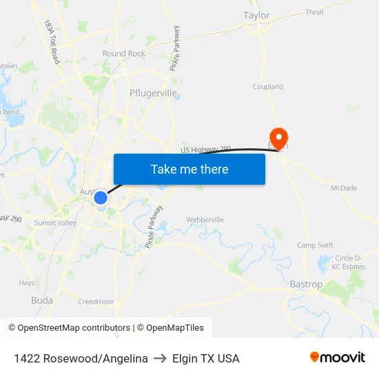 1422 Rosewood/Angelina to Elgin TX USA map