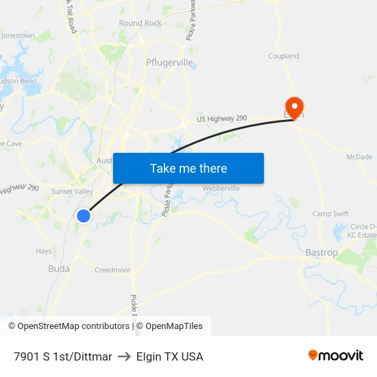 7901 S 1st/Dittmar to Elgin TX USA map