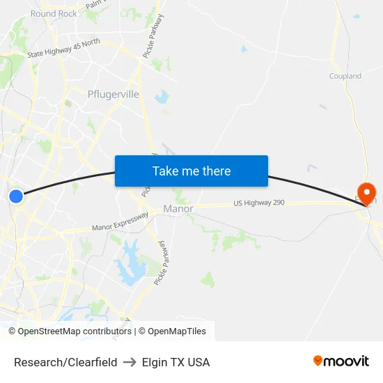 Research/Clearfield to Elgin TX USA map