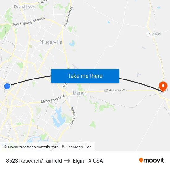 8523 Research/Fairfield to Elgin TX USA map