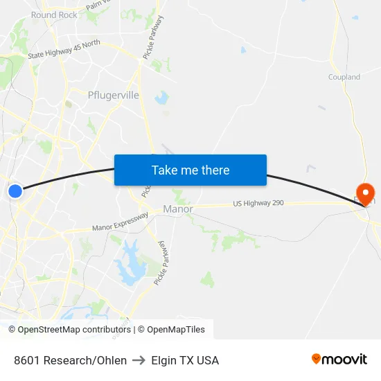 8601 Research/Ohlen to Elgin TX USA map
