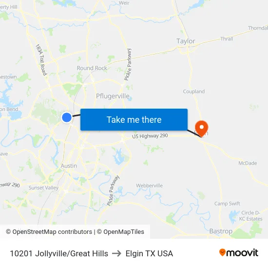 10201 Jollyville/Great Hills to Elgin TX USA map