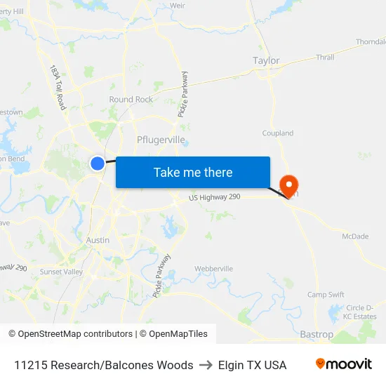 11215 Research/Balcones Woods to Elgin TX USA map